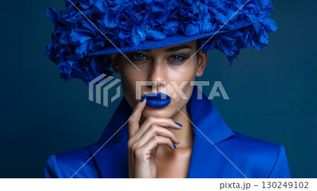 A woman wearing a blue hat with flowers on it 130249102