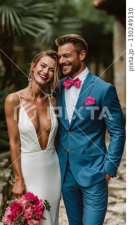 A bride and groom in a blue suit and pink bow tie 130249130