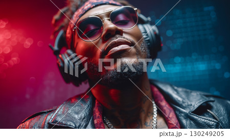 A man wearing headphones and sunglasses in front of a red light A man wearing headphones and sunglasses in front of a red light 130249205