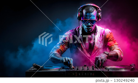 A man in a colorful shirt and headphones playing a dj set 130249240