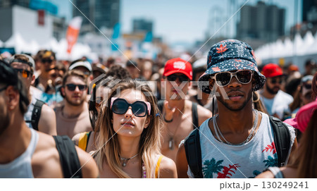 A group of people wearing sunglasses and hats at a festival 130249241