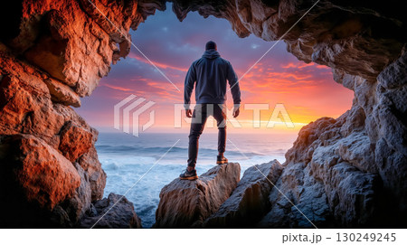A man standing on a rock looking out of a cave at the ocean 130249245