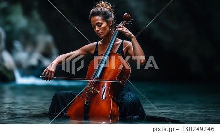 A woman playing a cello in the water near a waterfall 130249246