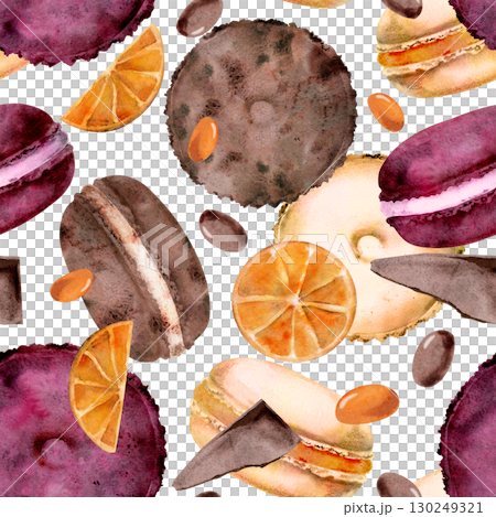 Macarons with rich chocolate mousse filling, citrus slices and orange sweet dragee hand painted in watercolor. Isolated illustration for seamless prints, cooking-themed patterns, food art bundles Macarons with rich chocolate mousse filling, citrus slices and orange sweet dragee hand painted in watercolor. Isolated illustration for seamless prints, cooking-themed patterns, food art bundles 130249321
