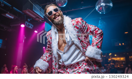 A man in a santa suit and sunglasses dancing at a party 130249324
