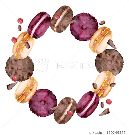 Whoopie pies, French macarons in circle with chocolate bar crumbs, candy dragee bonbons. Isolated hand painted watercolor wreath illustration. Bakery labels, food card frames, kitchen border designs. 130249335