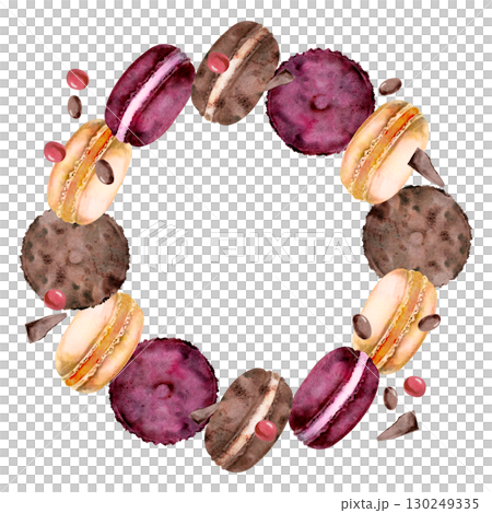 Whoopie pies, French macarons in circle with chocolate bar crumbs, candy dragee bonbons. Isolated hand painted watercolor wreath illustration. Bakery labels, food card frames, kitchen border designs. 130249335