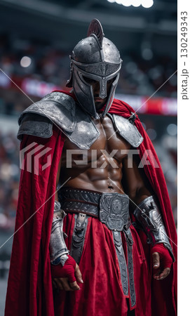 A man dressed as a spartan in a red cape and helmet 130249343