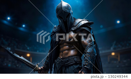 A man in armor holding a sword in front of a crowd 130249344