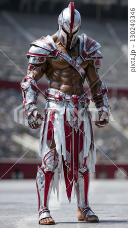 A man dressed in armor standing on a football field 130249346