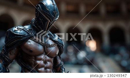 A man in armor holding a sword in a courtyard 130249347