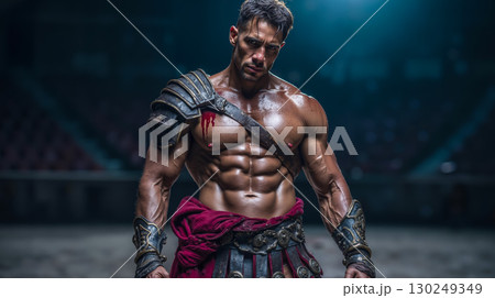A shirtless man dressed as a gladiator standing in a stadium 130249349