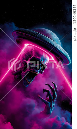 A skull with a ufo flying saucer in the sky 130249355
