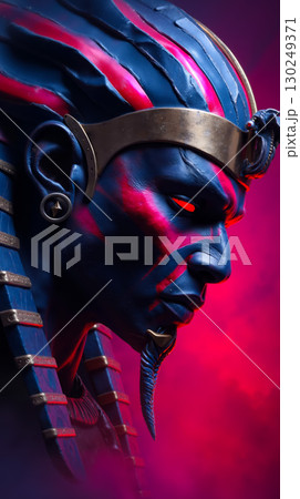 A close up of a woman with red and blue face paint 130249371