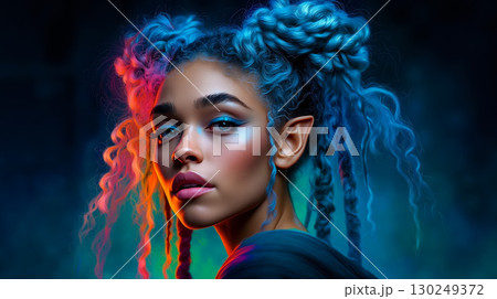 A woman with blue and red hair with braids in her hair 130249372
