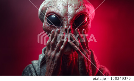 An alien with hands covering his face 130249379