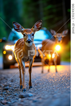A couple of deer walking down a road next to a car 130249396