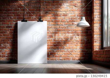 A blank poster hanging on a brick wall next to a window 130249415