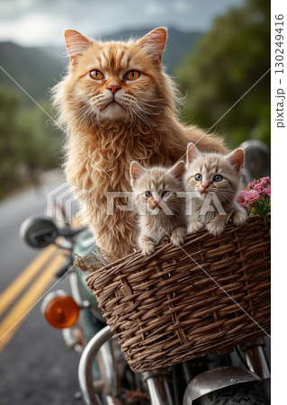 A cat sitting on top of a basket of kittens on a motorcycle 130249416