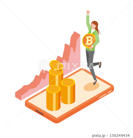ビットコインと喜ぶ女性 ビットコインと喜ぶ女性 130249434