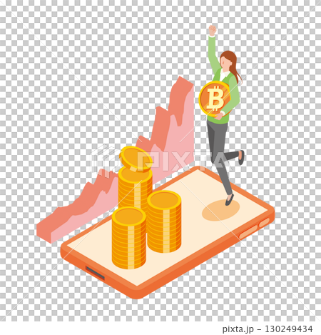 A woman happy with Bitcoin 130249434