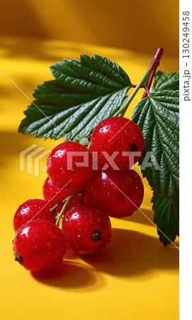 A bunch of red currants with green leaves on a yellow background 130249458