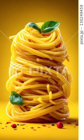 A pile of spaghetti with a green leaf on top of it 130249459