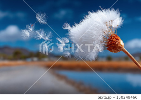 A dandelion blowing in the wind on a sunny day 130249460