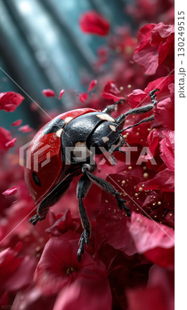 A ladybug is sitting on a red flower 130249515
