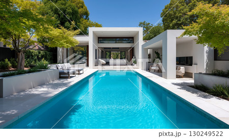 A swimming pool in the middle of a backyard next to a house 130249522