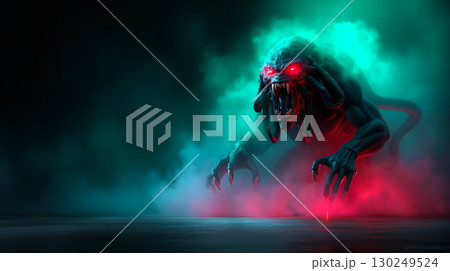 A demonic creature with red eyes and fangs in the dark 130249524