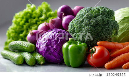 A variety of fresh vegetables are arranged on a table 130249525