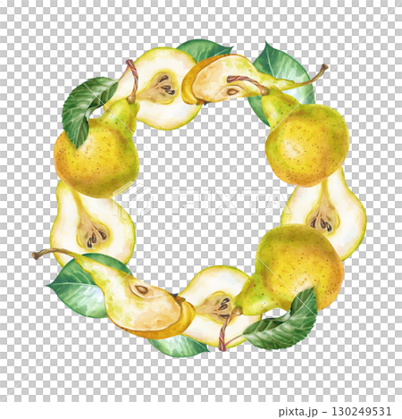 A round frame made of hand-drawn whole pears, pieces of ripe pear and green leaves. Watercolor illustration on a white background. A botanical fruit template with an empty place to insert. 130249531