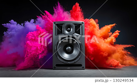 A pair of speakers with colorful powder in the background 130249534
