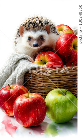 A hedgehog sitting in a basket of apples next to a towel A hedgehog sitting in a basket of apples next to a towel 130249550