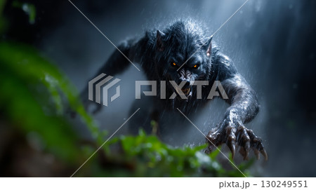 A werewolf in the rain in the woods A werewolf in the rain in the woods 130249551