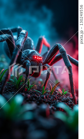 A large spider with red eyes sitting on the ground 130249556