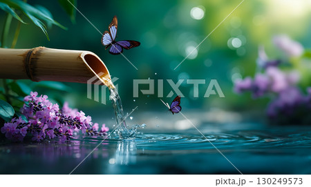 A butterfly flying over a body of water next to a bamboo pipe 130249573