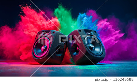 A pair of speakers sitting on top of a table covered in colored powder A pair of speakers sitting on top of a table covered in colored powder 130249599