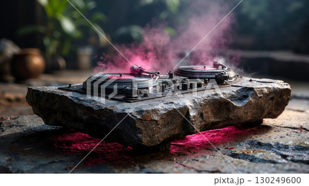 A turntable sitting on top of a rock with pink smoke coming out of it 130249600