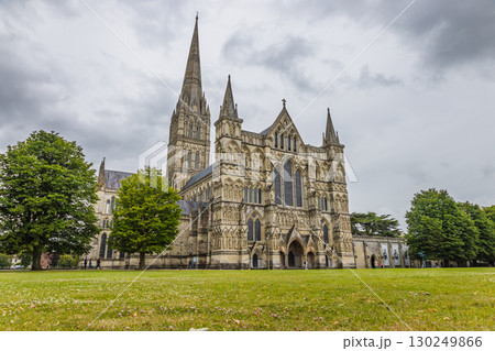 Salisbury Cathedral and Spire across Cathedral Close Lawn, Gothic Landmark, Wiltshire 130249866