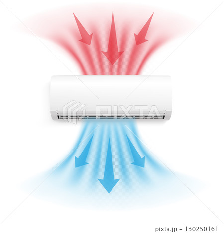 Air conditioner, blue cooling and red heating, with airflow direction illustration and indicators. Air conditioner, blue cooling and red heating, with airflow direction illustration and indicators. 130250161
