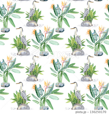 Herons, aspidistra, strelirzia, stones and water. Watercolor seamless pattern on white. Perfect for botanical designs, exotic patterns, nature themes, zen-style decorations. Asian-inspired landscape Herons, aspidistra, strelirzia, stones and water. Watercolor seamless pattern on white. Perfect for botanical designs, exotic patterns, nature themes, zen-style decorations. Asian-inspired landscape 130250170