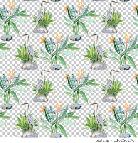 Herons, aspidistra, strelirzia, stones and water. Watercolor seamless pattern on white. Perfect for botanical designs, exotic patterns, nature themes, zen-style decorations. Asian-inspired landscape Herons, aspidistra, strelirzia, stones and water. Watercolor seamless pattern on white. Perfect for botanical designs, exotic patterns, nature themes, zen-style decorations. Asian-inspired landscape 130250170