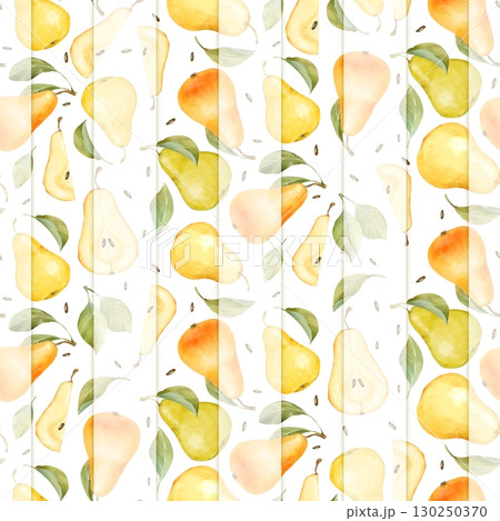 Hand-drawn illustration of a seamless striped pattern with whole pears, halved pear slices with seeds, and scattered green leaves Hand-drawn illustration of a seamless striped pattern with whole pears, halved pear slices with seeds, and scattered green leaves 130250370