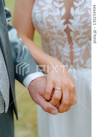 Bride in elegant lace dress holds hands with the groom in a suit, showcasing a gold wedding band. The image captures a moment of connection and unity on their special day. Bride in elegant lace dress holds hands with the groom in a suit, showcasing a gold wedding band. The image captures a moment of connection and unity on their special day. 130250494