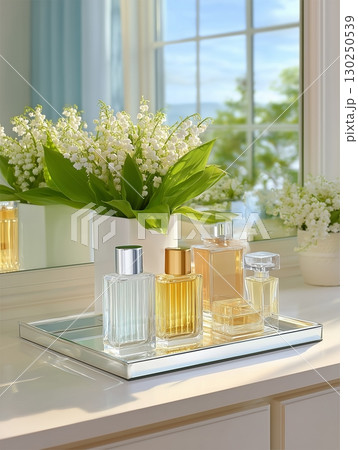 パウダールームの鏡の前のスズランの花 130250539