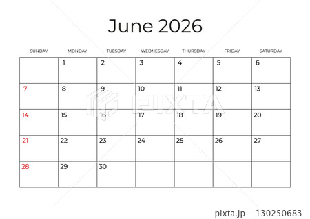 Printable Monthly Calendar template for June 2026. Week Starts on SUNDAY. Wall Calendar in a Minimalist Style. Simple and clean design. Ready to print. Vector illustration Printable Monthly Calendar template for June 2026. Week Starts on SUNDAY. Wall Calendar in a Minimalist Style. Simple and clean design. Ready to print. Vector illustration 130250683
