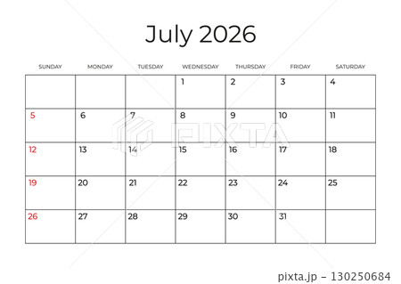 Printable Monthly Calendar template for July 2026. Week Starts on SUNDAY. Wall Calendar in a Minimalist Style. Simple and clean design. Ready to print. Vector illustration Printable Monthly Calendar template for July 2026. Week Starts on SUNDAY. Wall Calendar in a Minimalist Style. Simple and clean design. Ready to print. Vector illustration 130250684