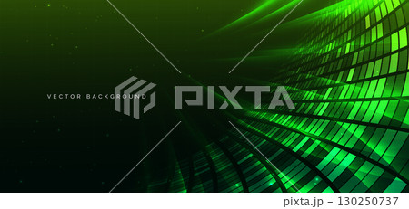Technology green square pattern curved with lighting effect and sparkle. 130250737